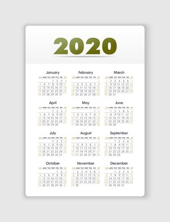 Calendar 2020 year. Color vector template. Week starts on Sunday. Basic grid. Pocket square calendar. Ready designのイラスト素材