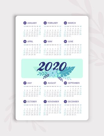Calendar 2020 year. Color vector template. Week starts on Sunday. Basic grid. Pocket square calendar. Ready designのイラスト素材