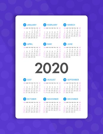 Calendar 2020 year. Color vector template. Week starts on Sunday. Basic grid. Pocket square calendar. Ready designのイラスト素材