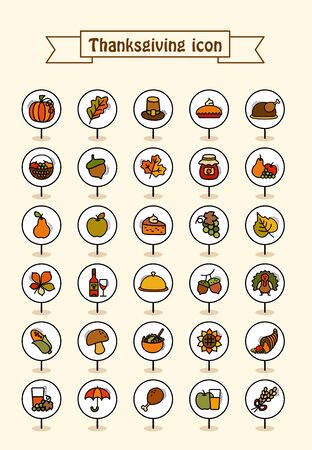 Thanksgiving Day pin map icon set. Harvest map pointer. Map markers. Vector illustration for apps and websitesのイラスト素材