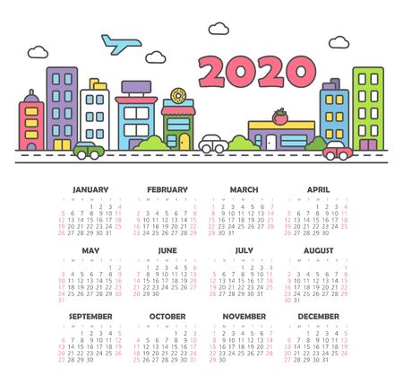 Calendar 2020 year with city landscape. Color vector template. Week starts on Sunday. Basic grid. Pocket square calendar. Ready designのイラスト素材