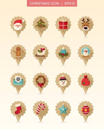 Christmas pin map icon set. Holiday objects collection. Merry Christmas and Happy New Year. Map pointer. Map markers. Isolated vector illustrationのイラスト素材