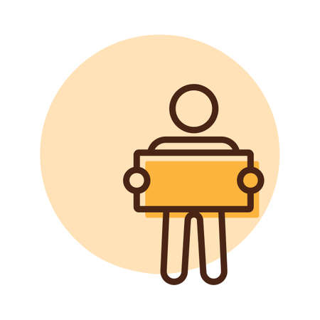 Man standing and holding in hands big sign, banner, card vector icon. Demonstration, manifestation, protest, strike, revolutionのイラスト素材