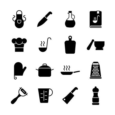 Cooking foods and kitchen vector icon glyph set. Graph symbol for cooking web site and apps design, logo, app, UIのイラスト素材