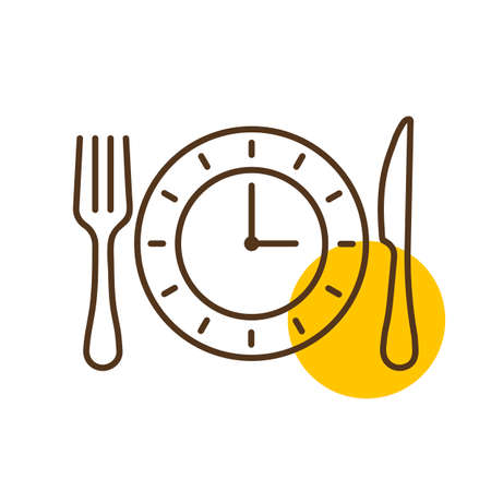 Plate with knife and fork with an icon of clock. Delivery sign. Graph symbol for cooking web site and apps design, logo, app, UIのイラスト素材