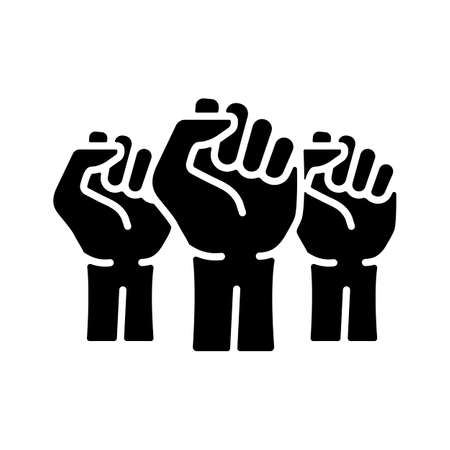 Three clenched fists raised in protest vector glyph icon. Protest, strength, freedom, revolution, rebel, revolt conceptのイラスト素材