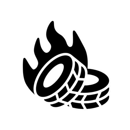 Two lying burning tires revolutionary barricade vector glyph icon. Demonstration, protest, strike, revolutionのイラスト素材