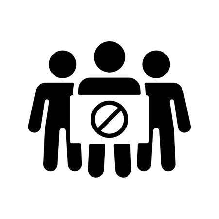 Crowd of people with placard, big sign, banner with forbidden sign vector glyph icon. Demonstration, protest, strike, revolutionのイラスト素材