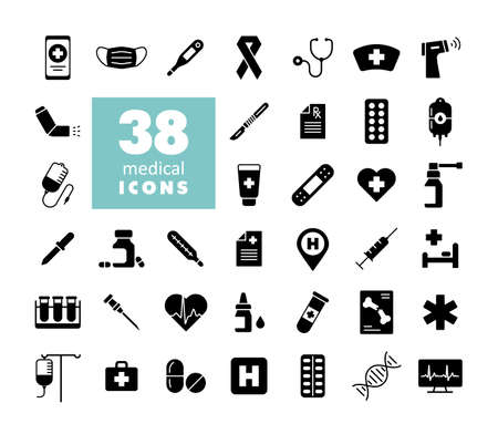 Medical vector glyph icons set. Medicine and healthcare, medical support sign. Graph symbol for medical web site and apps design, logo, app, UIのイラスト素材