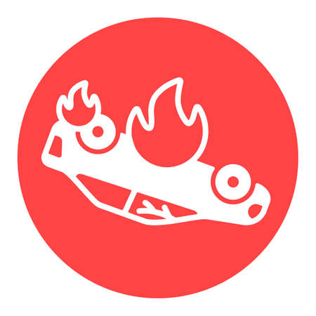 Burning car vector white glyph icon. Auto accident, inverted car with fire. Demonstration, protest, strike, revolution, automobile crashのイラスト素材