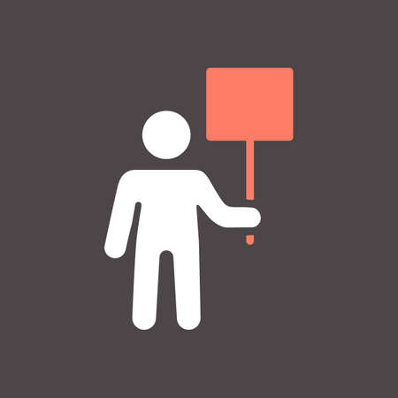 Man standing and holding in hands big sign, banner, card vector glyph icon. Demonstration, manifestation, protest, strike, revolutionのイラスト素材
