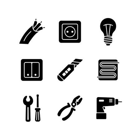 Home repair, electric vector glyph icons set. Graph symbol for your web site design, logo, app, UI. Vector illustration, EPS10.のイラスト素材
