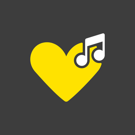 Like music glyph icon on dark background. Musical note icon, music icon with heart sign. Musical note icon and favorite, like, love, care symbolのイラスト素材