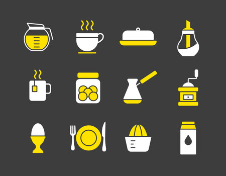 Breakfast and kitchen vector glyph icon set. Graph symbol for cooking web site design,  app, UIのイラスト素材
