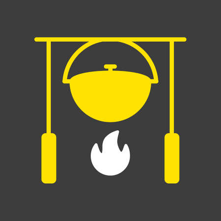 Camping pot over a bonfire vector glyph icon on dark background. Hiking sign. Graph symbol for travel and tourism web site and apps design, logo, app, UIのイラスト素材