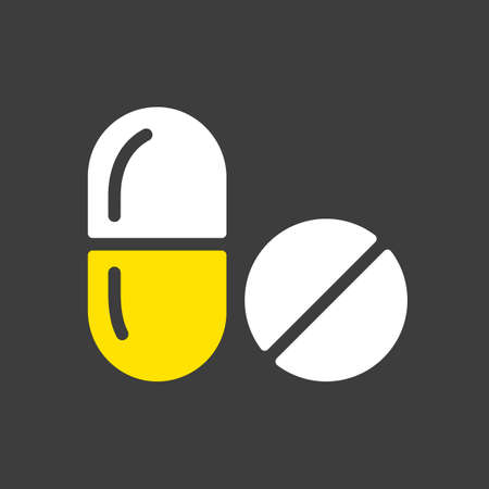 Tablets and pill vector glyph icon on dark background. Medicine and healthcare, medical support sign.のイラスト素材