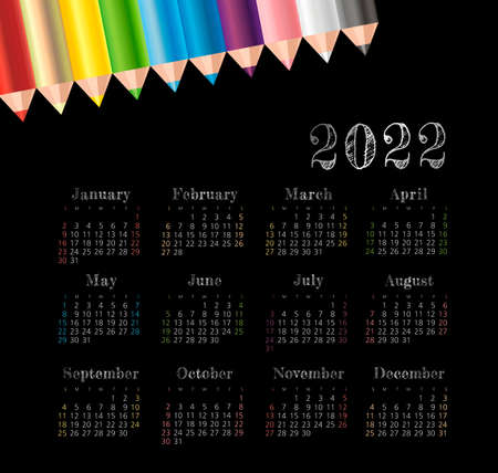 Calendar 2022 year with pencil. Color vector template. Week starts on Sunday. Basic grid. Ready designのイラスト素材