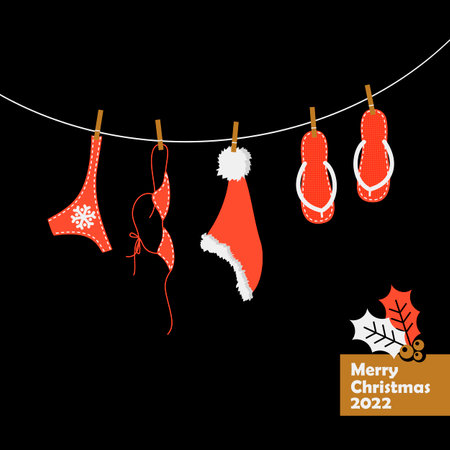 Christmas card with a picture of beach accessories, swimsuit. Happy New Year. Merry Christmas lettering, vector illustrationのイラスト素材