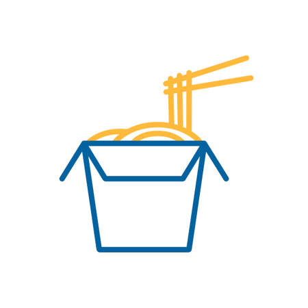 Noodles in thin line box with chopsticks vector flat icon. Fast food sign. Graph symbol for cooking web site and apps design, logo, app, UIのイラスト素材