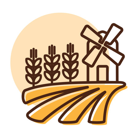 Field with a windmill and ears of wheat icon. agriculture sign. Graph symbol for your web site design, logo, app, UI. Vector illustration, EPS10.のイラスト素材