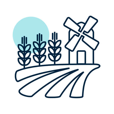 Field with a windmill and ears of wheat isolated icon. agriculture sign. Graph symbol for your web site design, logo, app, UI. Vector illustration, EPS10.のイラスト素材