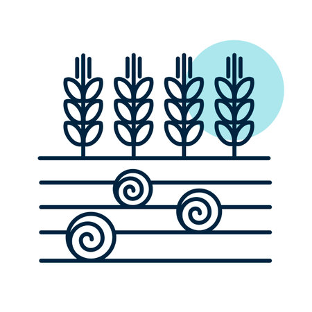 Ears of Wheat, Barley or Rye on field and round hay bales isolated icon. agriculture sign. Graph symbol for your web site design, logo, app, UI. Vector illustration, EPS10.のイラスト素材