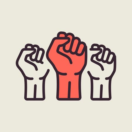 Three clenched fists raised in protest isolated vector icon. Protest, strength, freedom, revolution,...