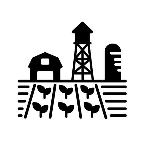 Farm landscape with barn, windpump, seedling and water tower vector glyph icon. agriculture sign. Graph symbol for your web site design, logo, app, UI. Vector illustration, EPS10.のイラスト素材