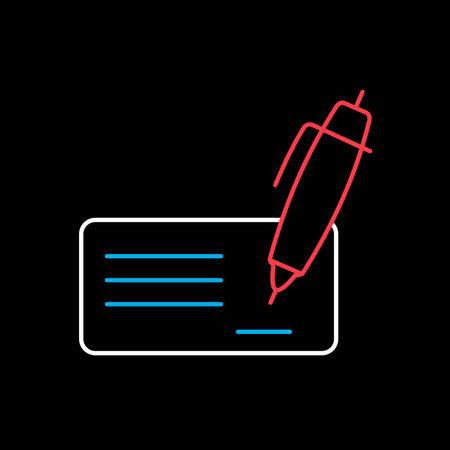 Blank bank check with pen and signature icon isolated on the black. E-commerce sign. Graph symbol for your web site design, logo, app, UI. Vector illustration, EPS10.のイラスト素材