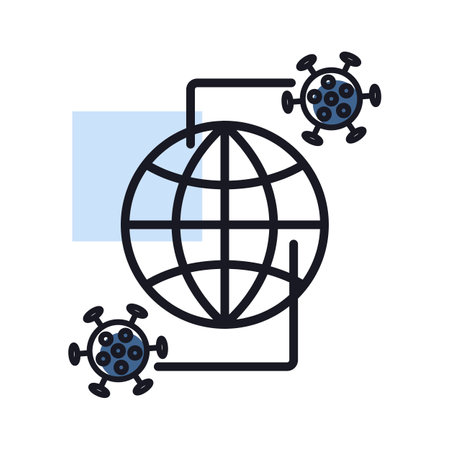 Planet Earth globe with icon of coronavirus 2019-nCov. The spread of a virus outbreak in the world. COVID 19 outbreak and world pandemic risk concept.のイラスト素材