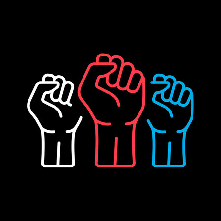 Three clenched fists raised in protest vector isolated on black background icon. Protest, strength, freedom, revolution, rebel, revolt conceptのイラスト素材
