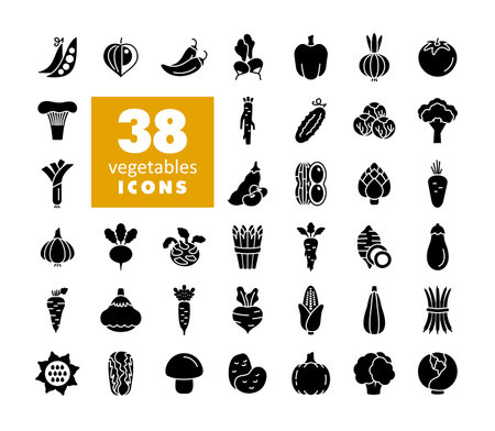Vegetables isolated vector glyph icons set. Graph symbol for food and drinks web site, apps design, mobile apps and print media, logo, UIのイラスト素材