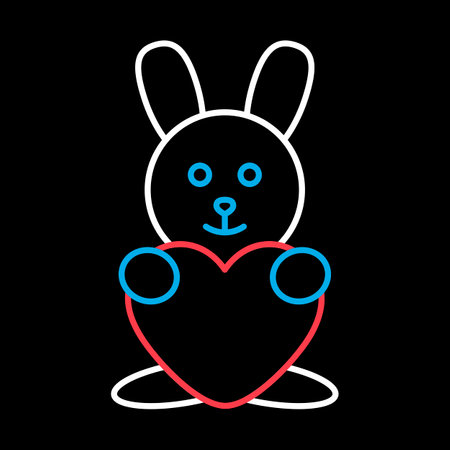 Cute plush rabbit with heart on black background icon. Valentine day symbol. Vector illustration, romance elements. Sticker, patch, badge, card for marriage, weddingのイラスト素材
