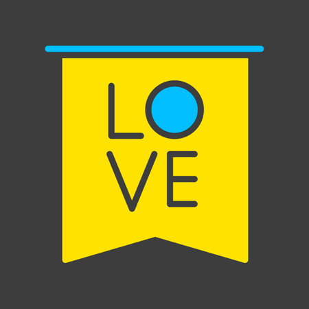 Flag with inscription Love glyph on dark background icon. Valentine's day symbol. Vector illustration, romance elements. Sticker, patch, badge, card for marriage, weddingのイラスト素材