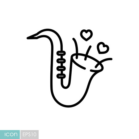 Cute saxophone and blowing hearts isolated icon. Vector illustration, romance elements. Sticker, patch, badge, card for marriage, valentineのイラスト素材