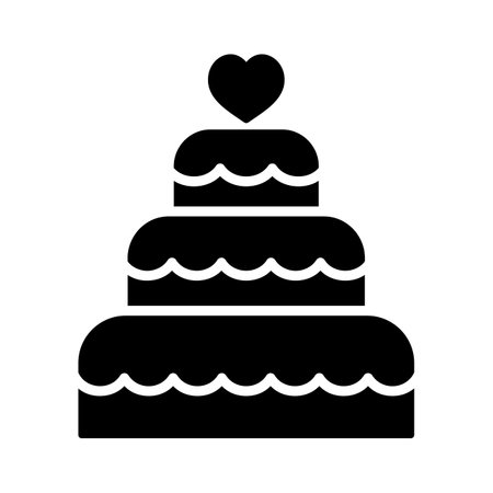 Stacked wedding cake dessert with heart topper isolated glyph icon. Vector illustration, romance elements. Sticker, patch, badge, card for marriage, valentineのイラスト素材