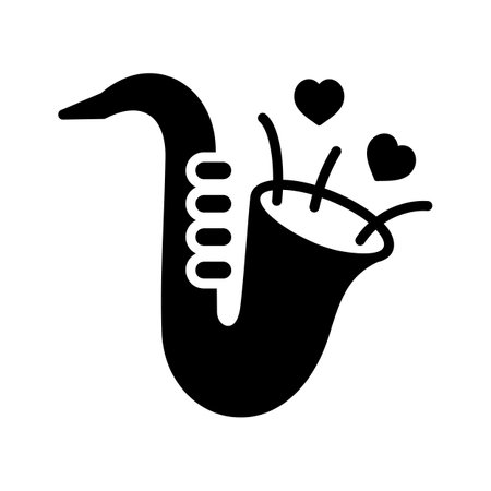 Cute saxophone and blowing hearts isolated glyph icon. Vector illustration, romance elements. Sticker, patch, badge, card for marriage, valentineのイラスト素材