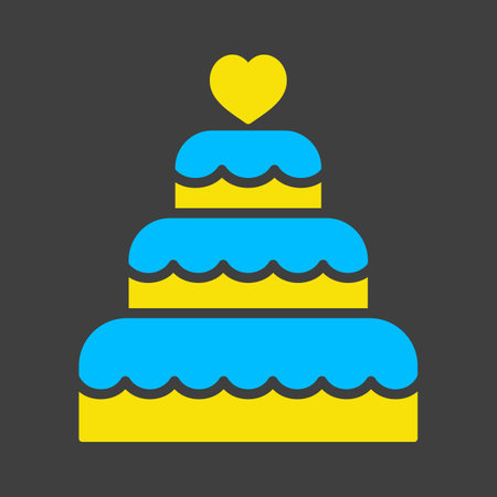 Stacked wedding cake dessert with heart topper isolated glyph on dark background icon. Vector illustration, romance elements. Sticker, patch, badge, card for marriage, valentineのイラスト素材