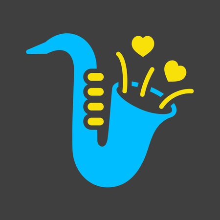 Cute saxophone and blowing hearts isolated glyph on dark background icon. Vector illustration, romance elements. Sticker, patch, badge, card for marriage, valentineのイラスト素材