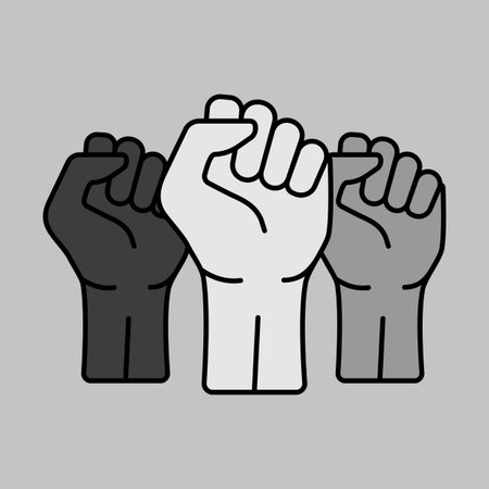 Three clenched fists raised in protest vector isolated icon. Protest, strength, freedom, revolution, rebel, revolt conceptのイラスト素材