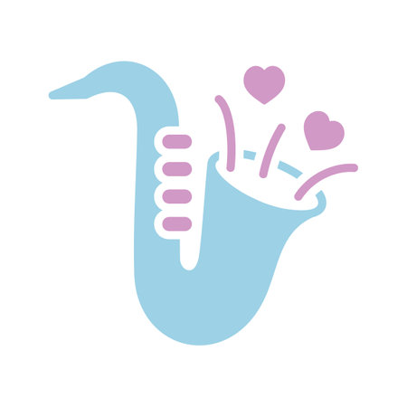 Cute saxophone and blowing hearts isolated glyph icon. Vector illustration, romance elements. Sticker, patch, badge, card for marriage, valentineのイラスト素材