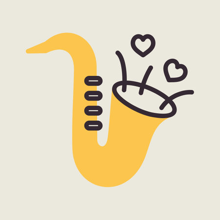 Cute saxophone and blowing hearts isolated icon. Vector illustration, romance elements. Sticker, patch, badge, card for marriage, valentineのイラスト素材