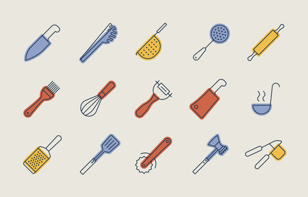 Kitchenware and kitchen vector isolated icon set. Graph symbol for cooking web site and apps design, logo, app, UIのイラスト素材
