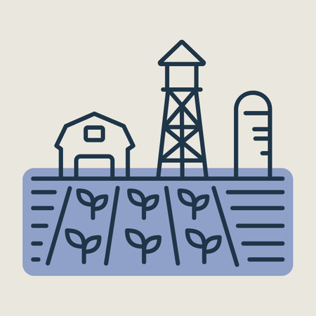 Farm landscape with barn, windpump, seedling and water tower vector isolated icon. Agriculture sign. Graph symbol for your web site design, logo, app, UI. Vector illustration.のイラスト素材