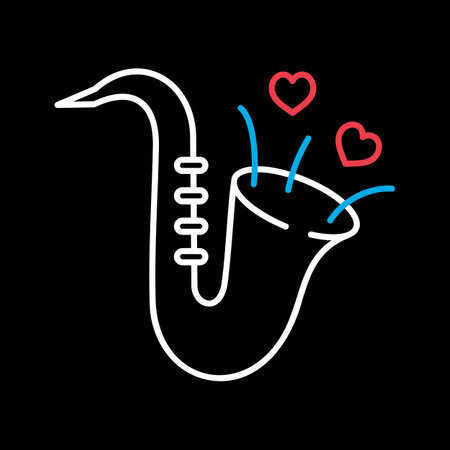 Cute saxophone and blowing hearts isolated on black background icon. Vector illustration, romance elements. Sticker, patch, badge, card for marriage, valentineのイラスト素材
