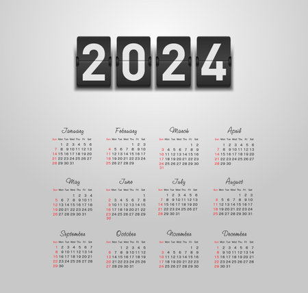 Calendar 2024 year. Color vector template. Week starts on Sunday. Basic grid. Ready designのイラスト素材