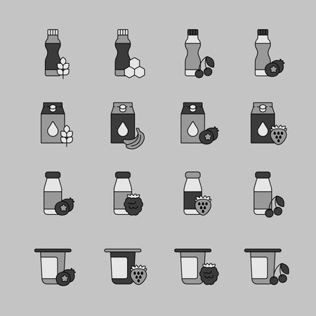 Fruits yogurt set vector grayscale icon. Dairy products sign. Graph symbol for cooking web site and apps design, logo, app, UIのイラスト素材