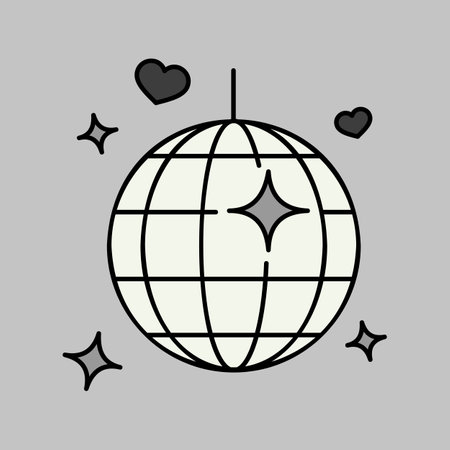 Disco ball, Party element isolated grayscale icon. Vector illustration, romance elements. Sticker, patch, badge, card for marriage, valentineのイラスト素材