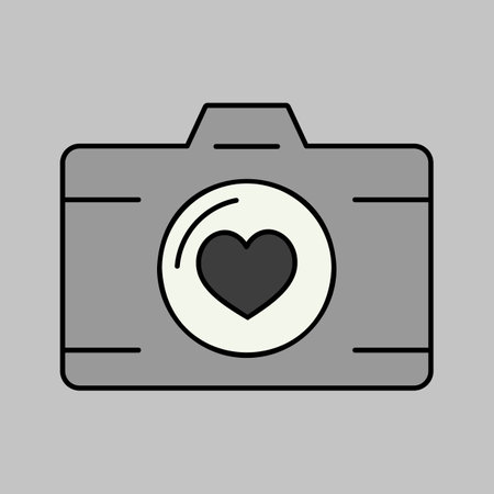 Wedding party camera with love lens isolated grayscale icon. Vector illustration, romance elements. Sticker, patch, badge, card for marriage, valentineのイラスト素材
