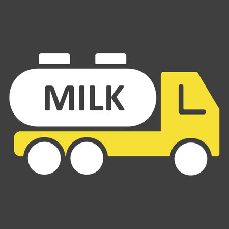 Dairy milk delivery service, truck with milk vector on dark background icon. Dairy product sign. Graph symbol for cooking web site and apps design, logo, app, UIのイラスト素材